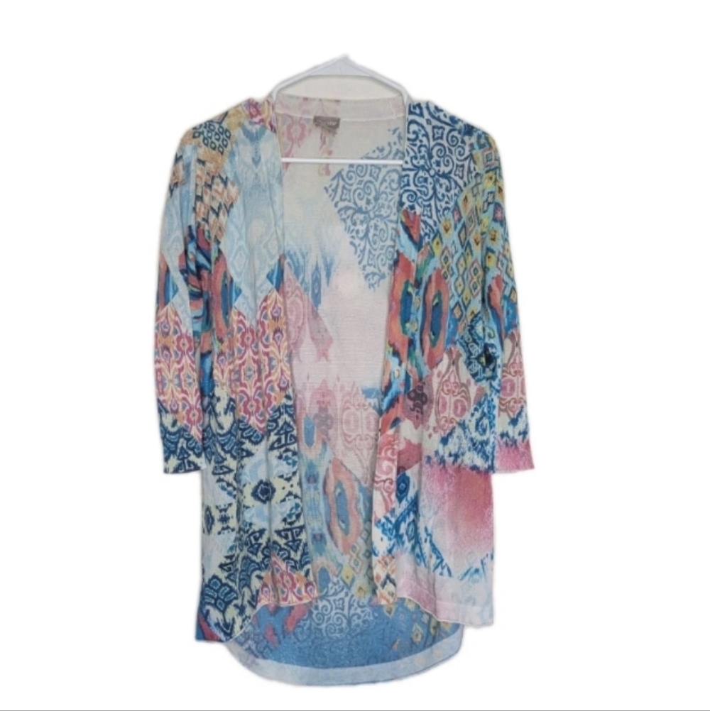 Chico’s Boho Patchwork Open Cardigan Size 1 (M) Coastal Chic Lightweight Topper